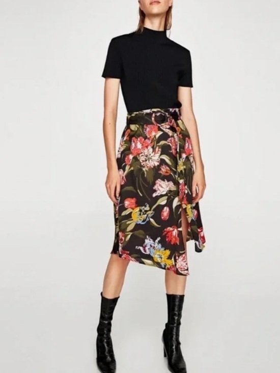 Zara Dresses & Skirts - Zara Tropical Floral Patterned Asymmetrical Hem Side Zip Midi Skirt Size Medium